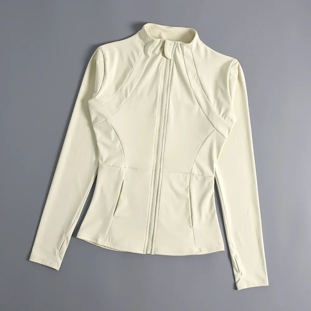 KiKis women's slim fit sports coat in light beige with long sleeves and front zipper closure