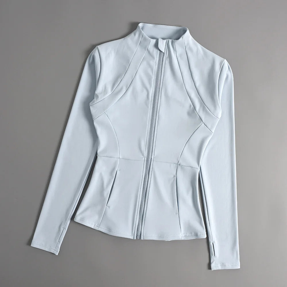 KiKis women's slim fit sports coat in light gray with full zipper and long sleeves