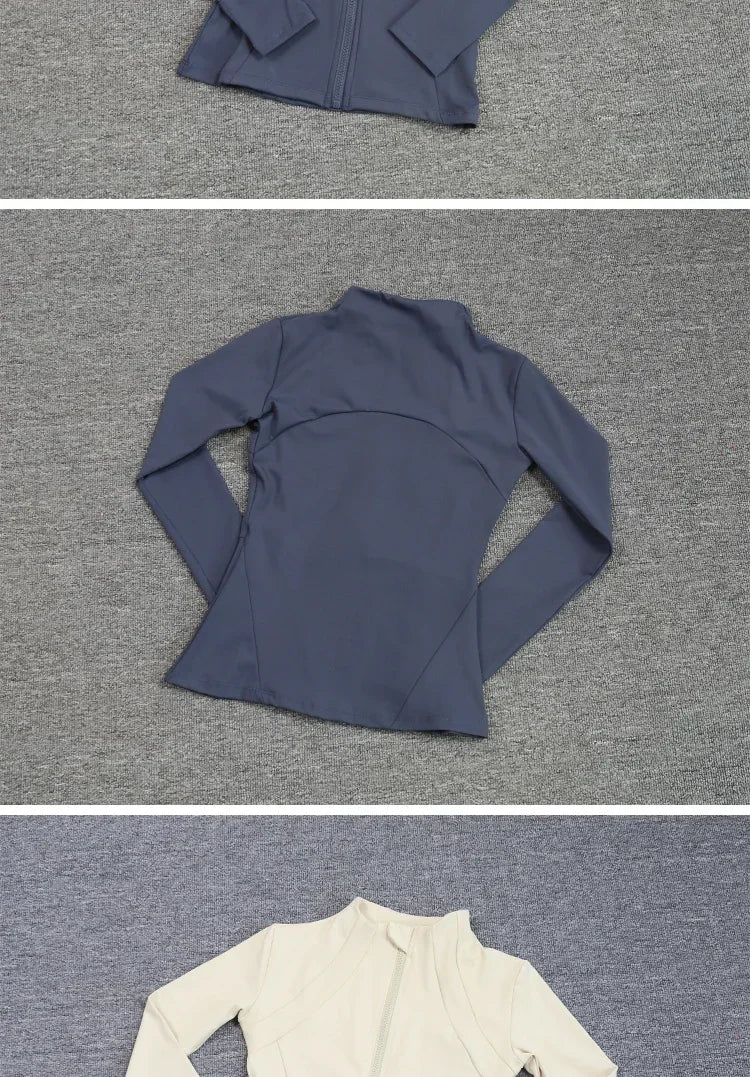 KiKis women's slim fit sports coat in navy blue with long sleeves and zipper front