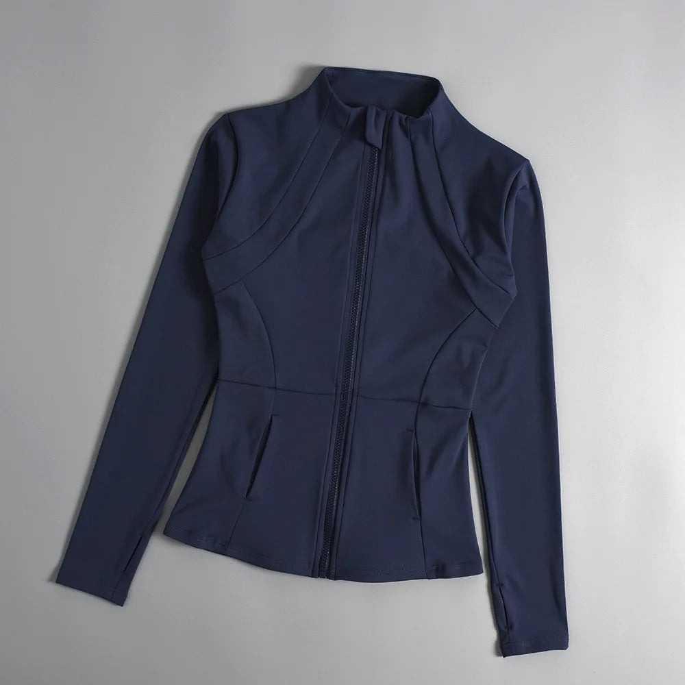 KiKis navy blue women's slim fit sports coat with front zipper and long sleeves