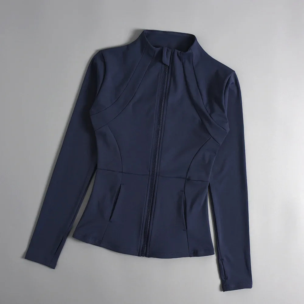 KiKis women's slim fit sports coat in navy blue with long sleeves and front zipper