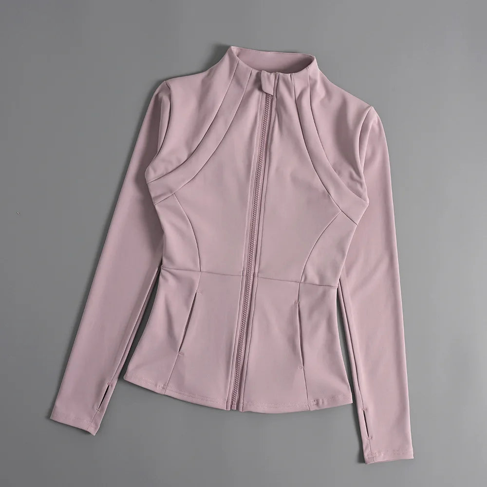 KiKis women's slim fit sports coat in light pink with full front zipper and long sleeves
