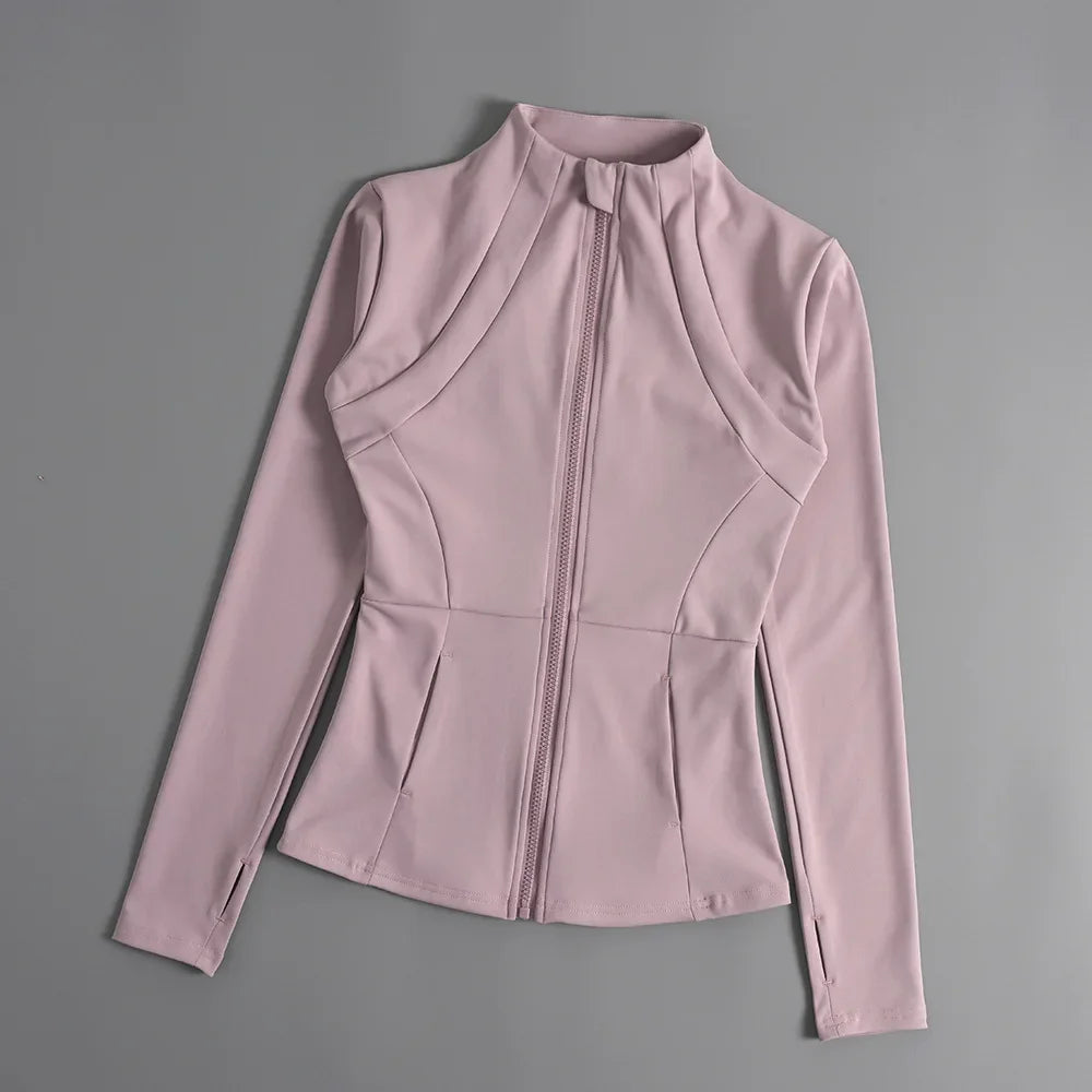 KiKis women's slim fit sports coat in light pink with long sleeves and front zipper