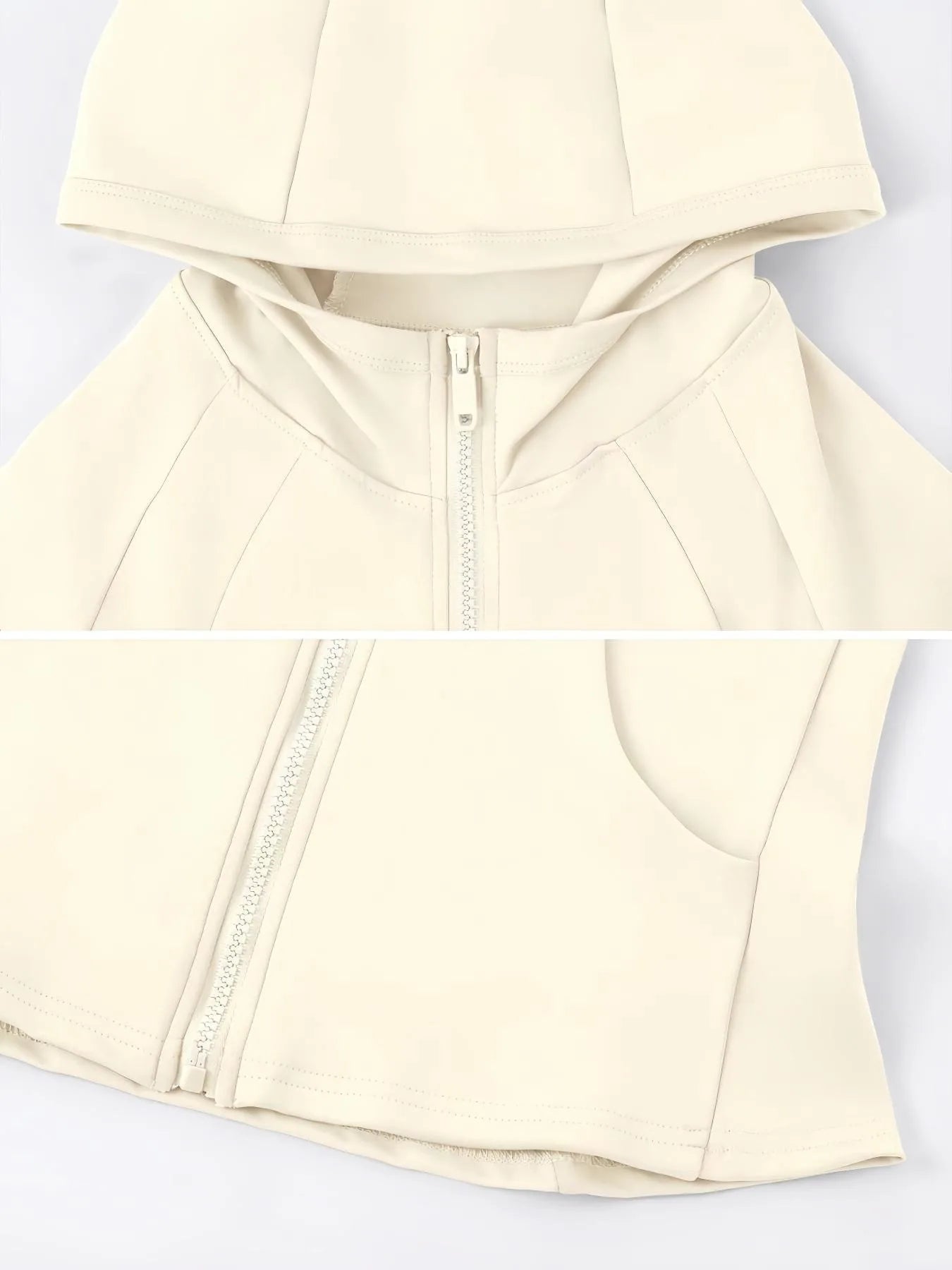 KiKis women's thumb hole sports jacket in cream with hood and front zipper closure