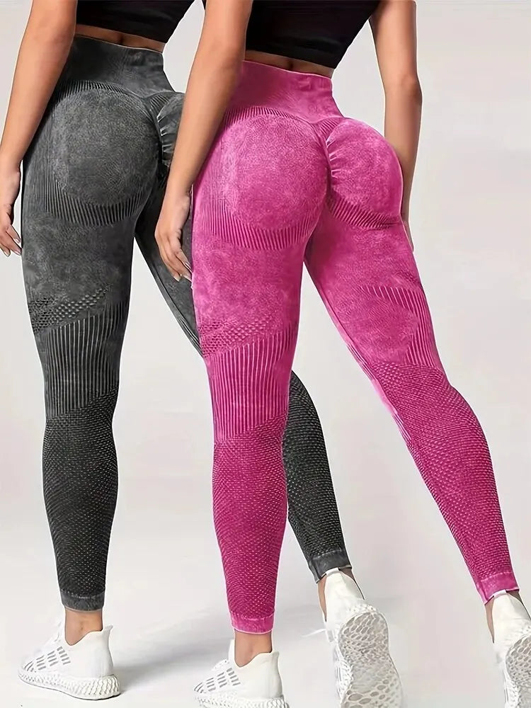 KiKis Women's Tummy Control Sports Leggings in pink and gray with high waist and textured design