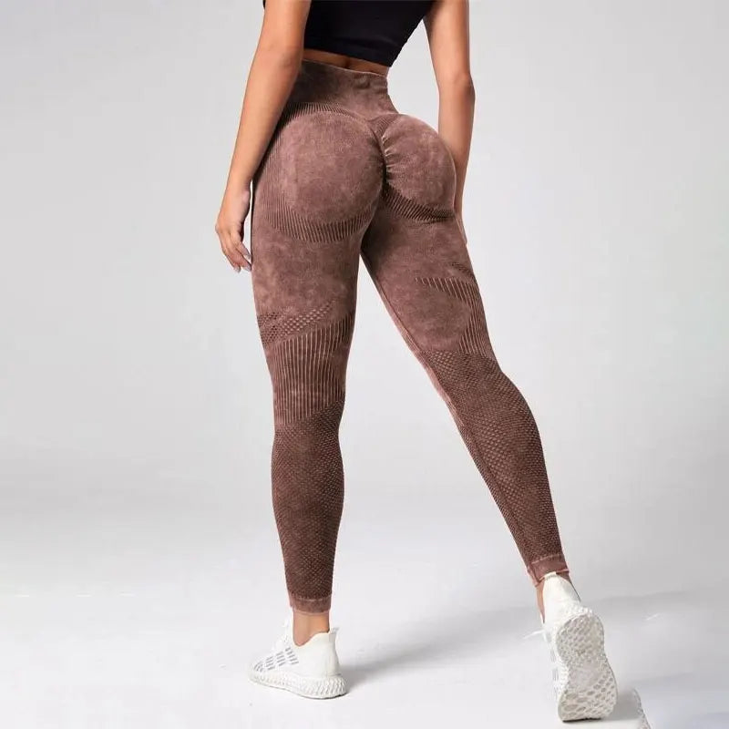 KiKis Women's Tummy Control Sports Leggings in brown with textured design and high waist fit