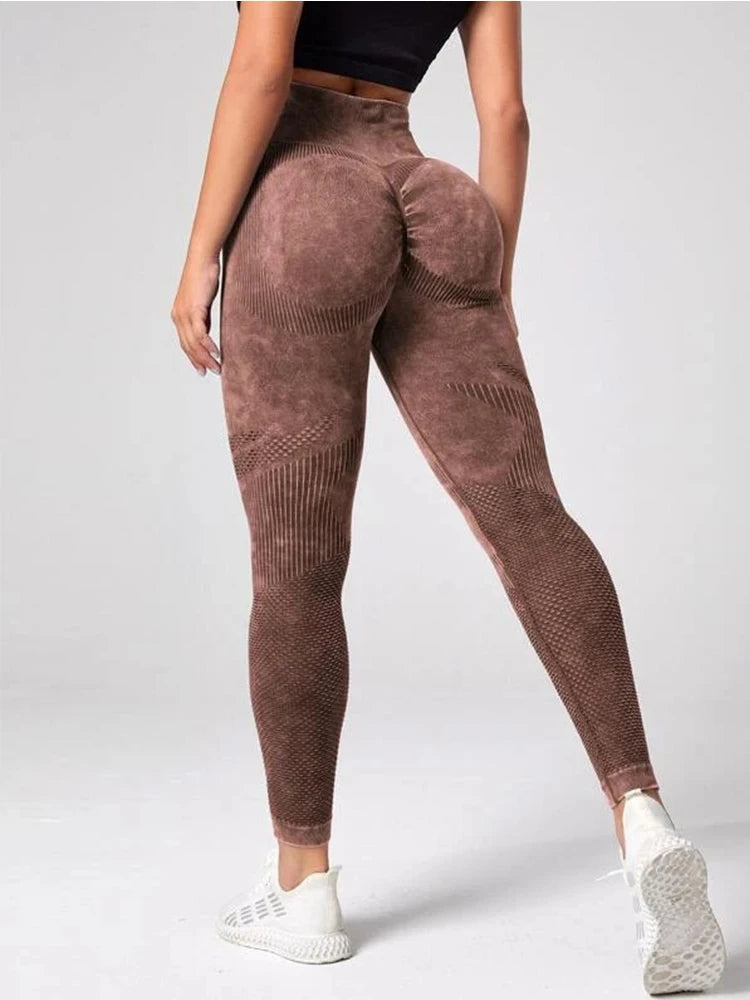 KiKis Women's Tummy Control Sports Leggings in brown textured fabric shown from the back with white sneakers