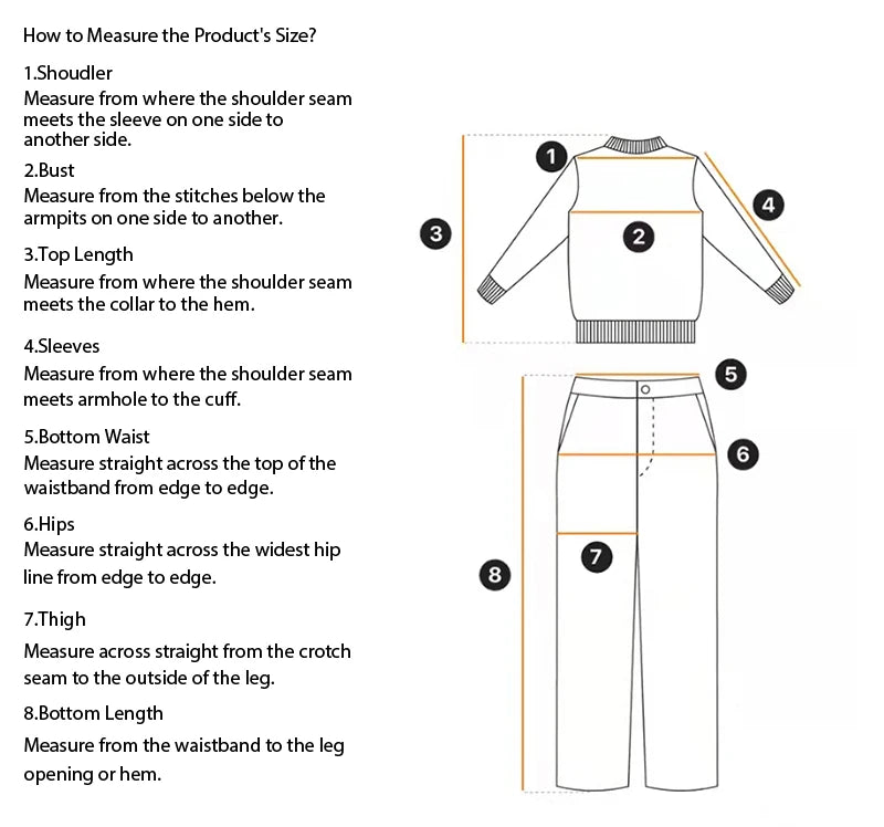Measurement guide for clothing size including shoulder, bust, top length, sleeves, bottom waist, hips, thigh, and bottom length for Women's Tummy Control Sports Leggings