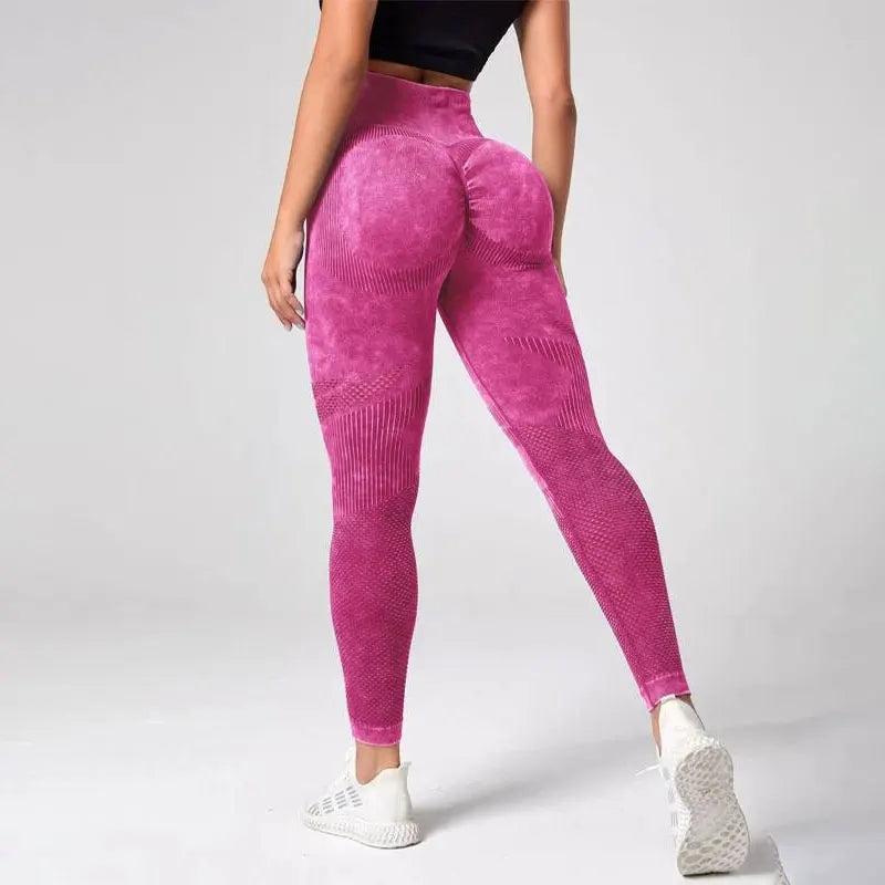KiKis Women's Tummy Control Sports Leggings in vibrant pink with high waist and textured detailing