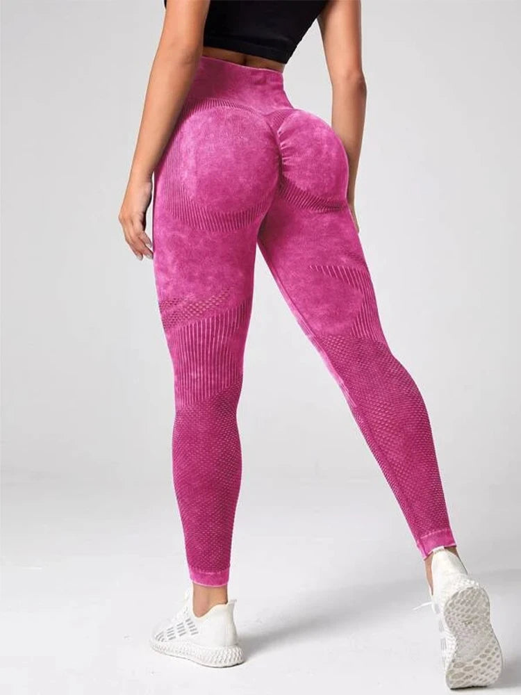 KiKis Women's Tummy Control Sports Leggings in pink seamless fabric with textured detailing