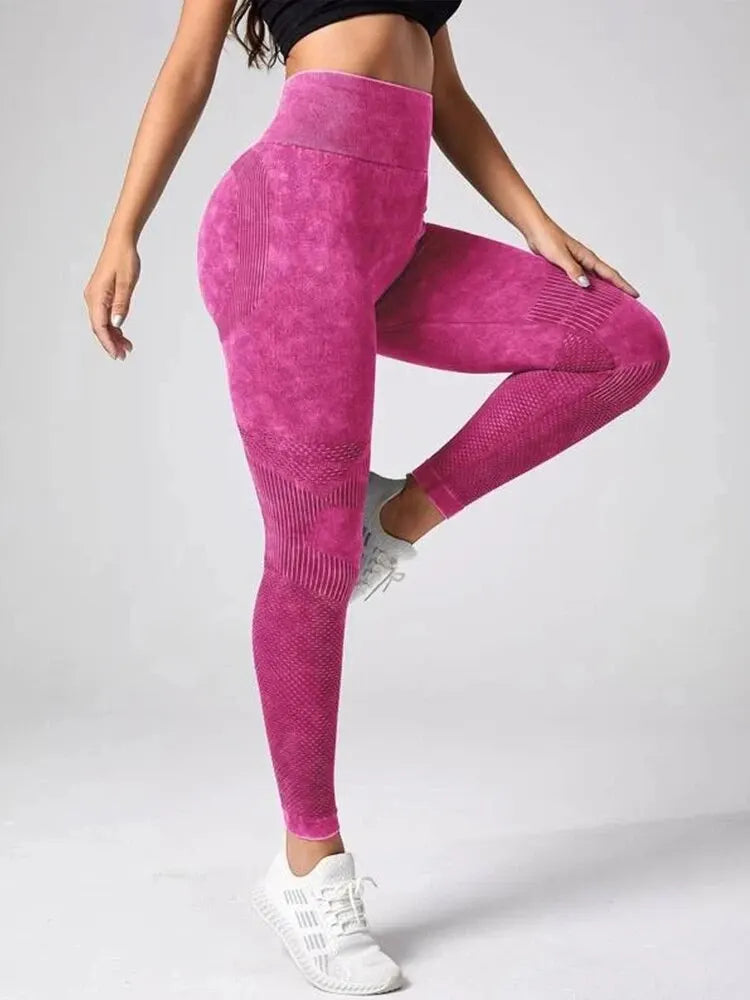 KiKis Women's Tummy Control Sports Leggings in vibrant pink with high waist and textured design