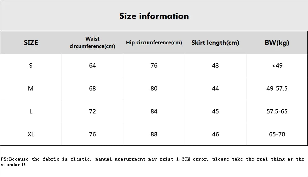 Size chart for Women's Wrinkled Yoga Skirt showing waist, hip circumference, skirt length, and recommended body weight