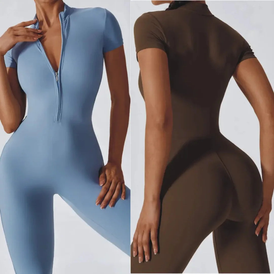 KiKis women's zipper yoga jumpsuit in blue and brown with short sleeves and front zipper
