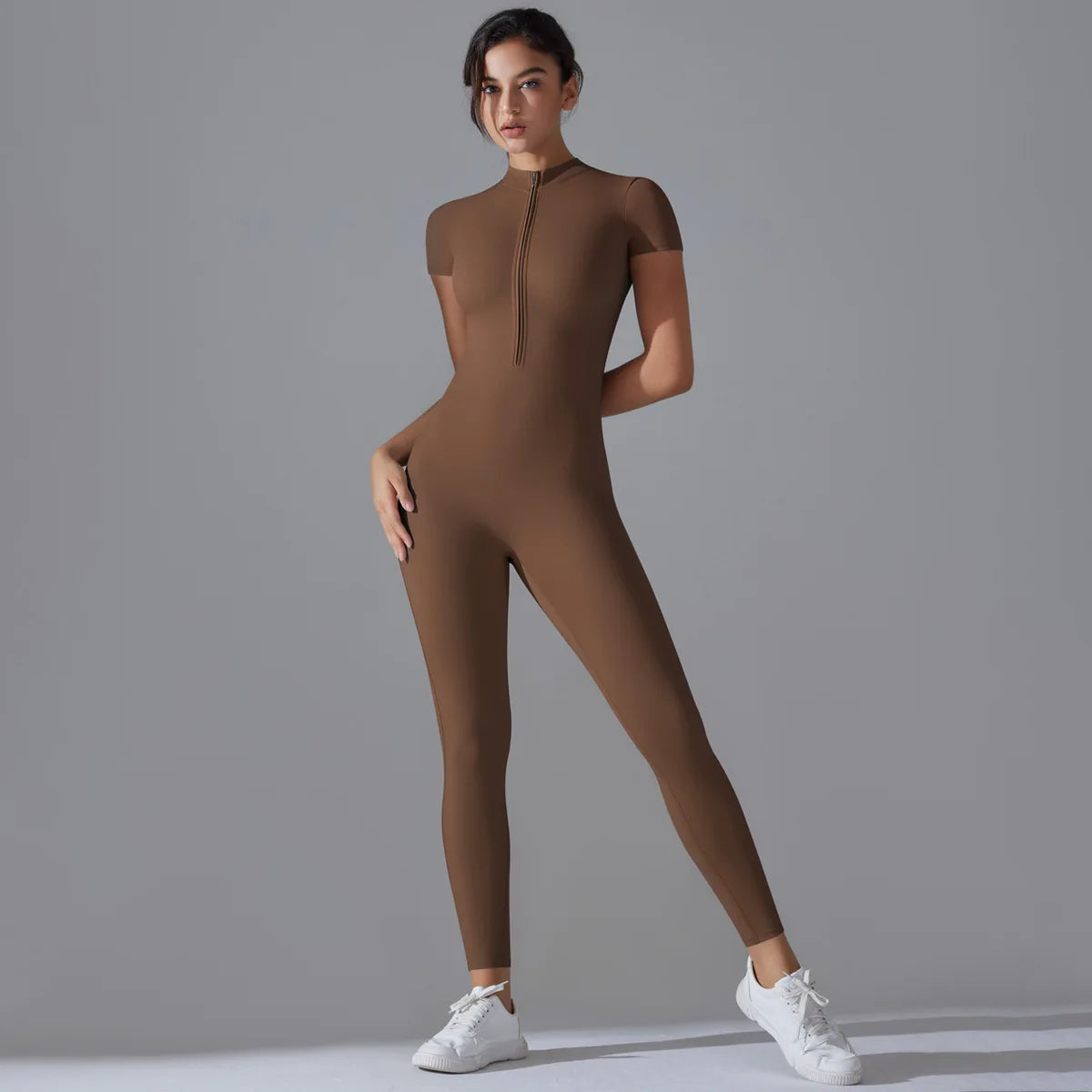 KiKis women's zipper yoga jumpsuit in brown with short sleeves and front zipper