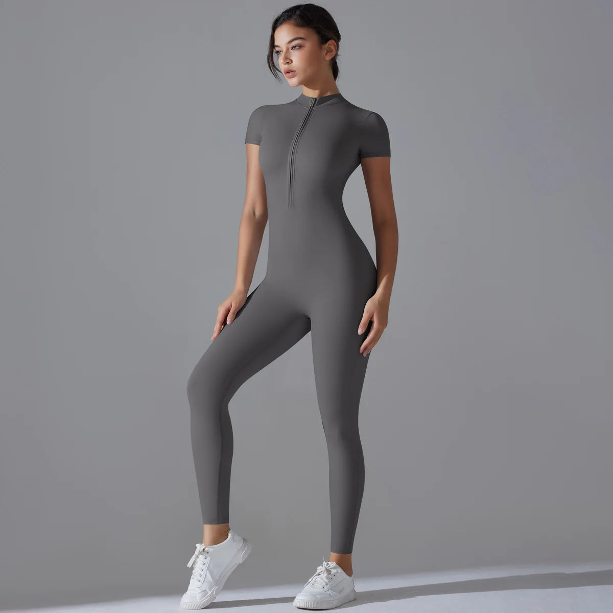 KiKis women's zipper yoga jumpsuit in gray with short sleeves and full-length legs