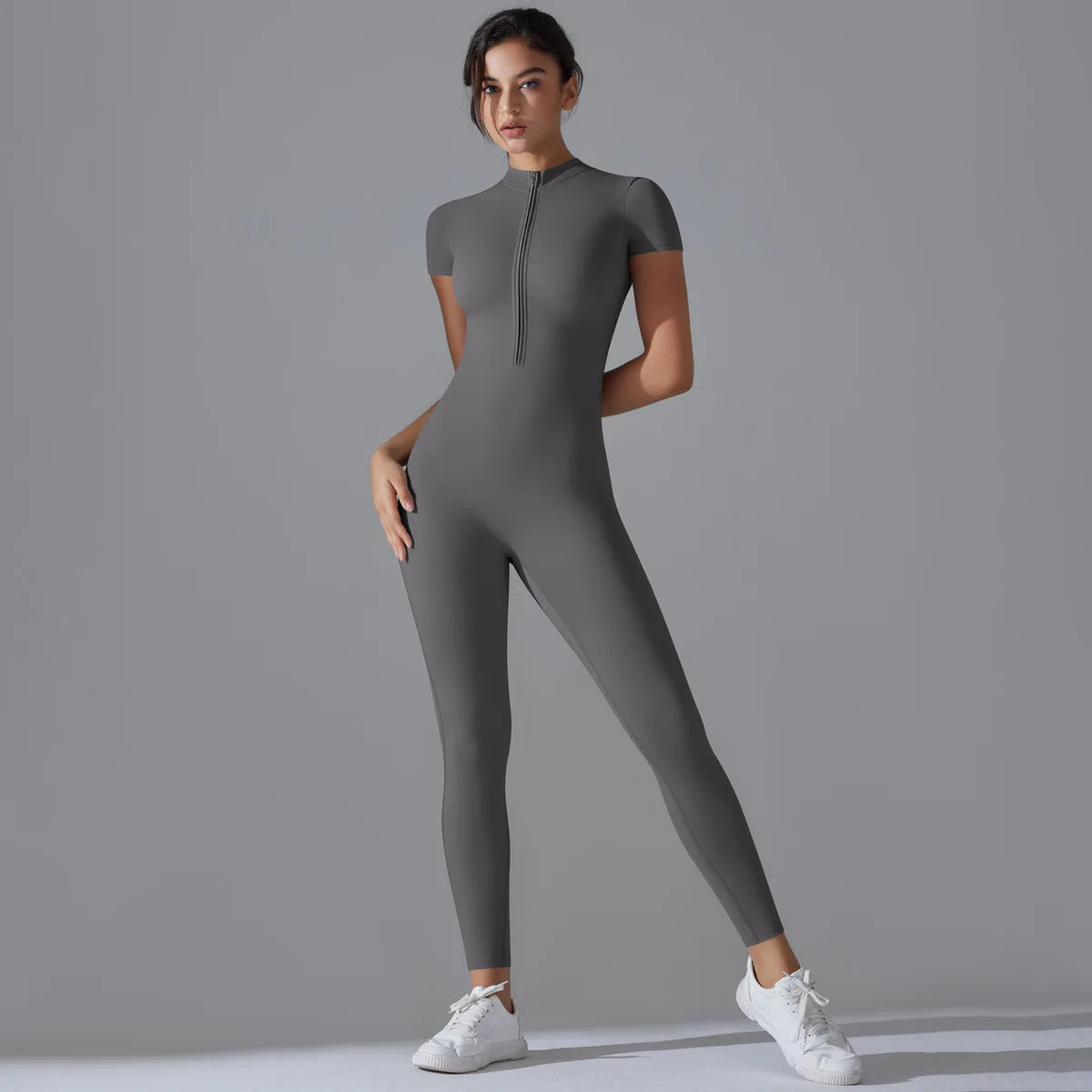 KiKis gray women's zipper yoga jumpsuit with short sleeves and front zipper closure