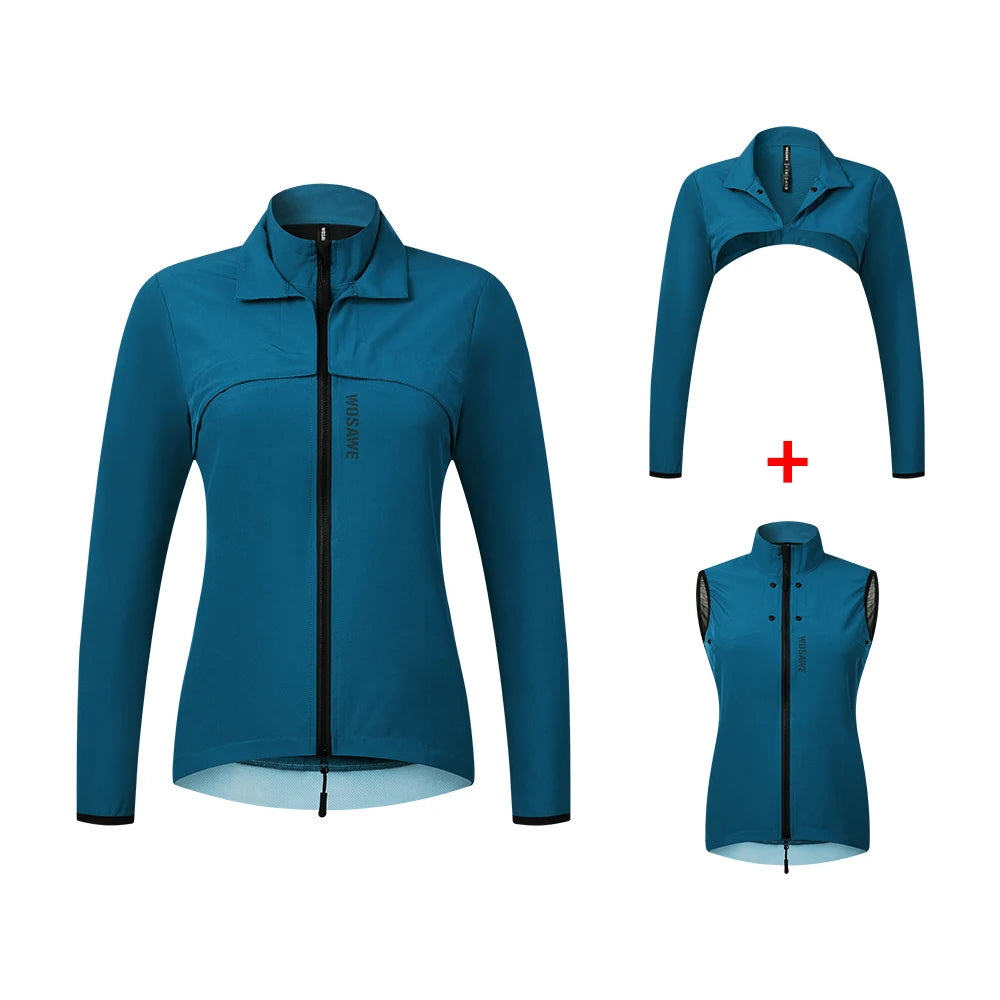 KiKis women's reflective cycling jackets in teal showing full sleeve jacket and detachable vest
