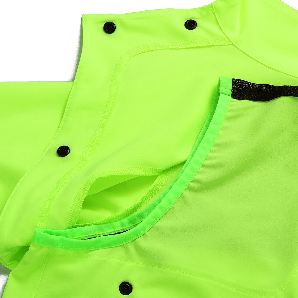 Close-up of bright neon green Women's Reflective Cycling Jackets by KiKis with snap buttons and ventilation