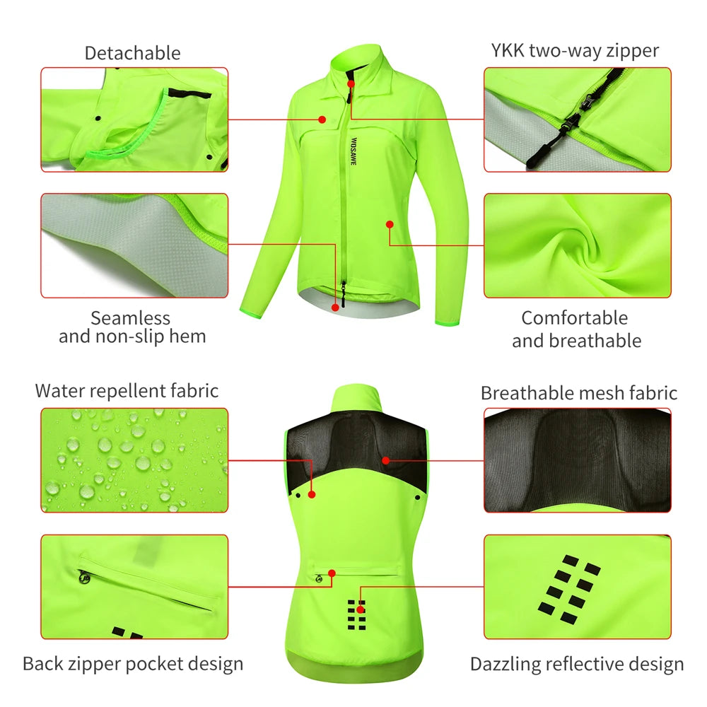 KiKis Women's Reflective Cycling Jackets in neon green with detachable hood and breathable mesh fabric