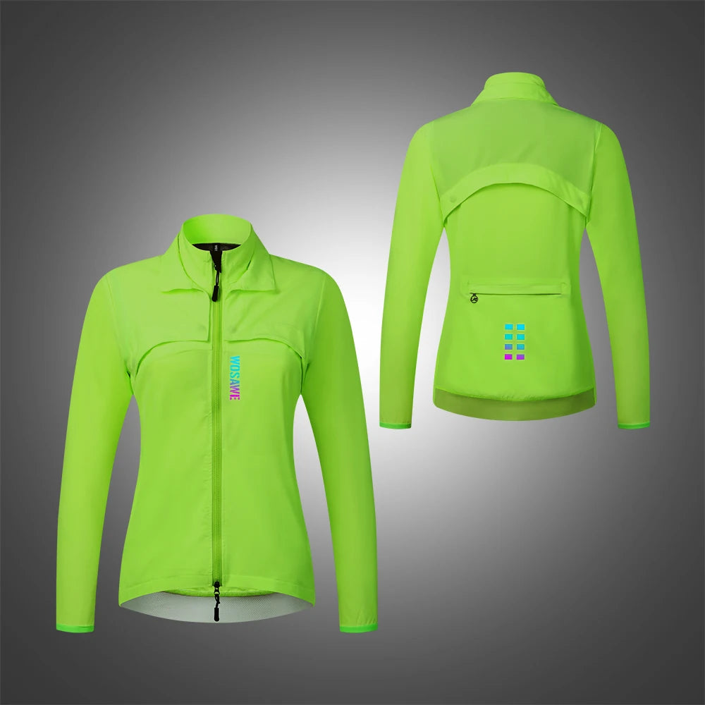 KiKis bright green Women's Reflective Cycling Jackets with front zipper and back ventilation panel