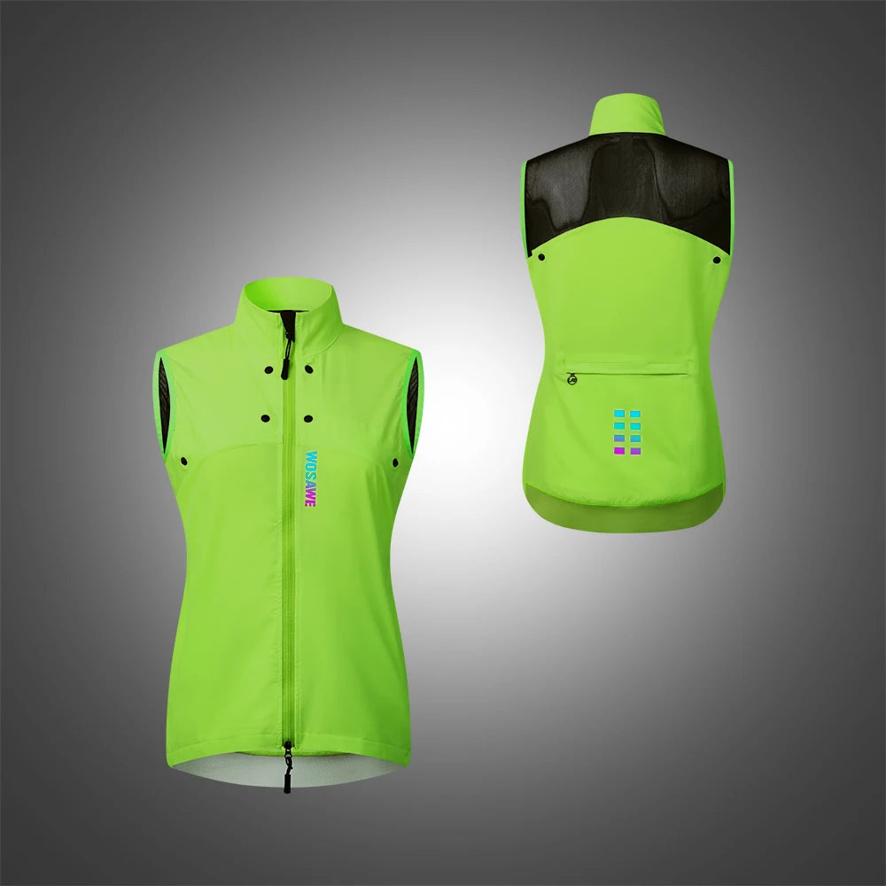 KiKis Women's Reflective Cycling Jackets in bright green with front zipper and breathable back mesh