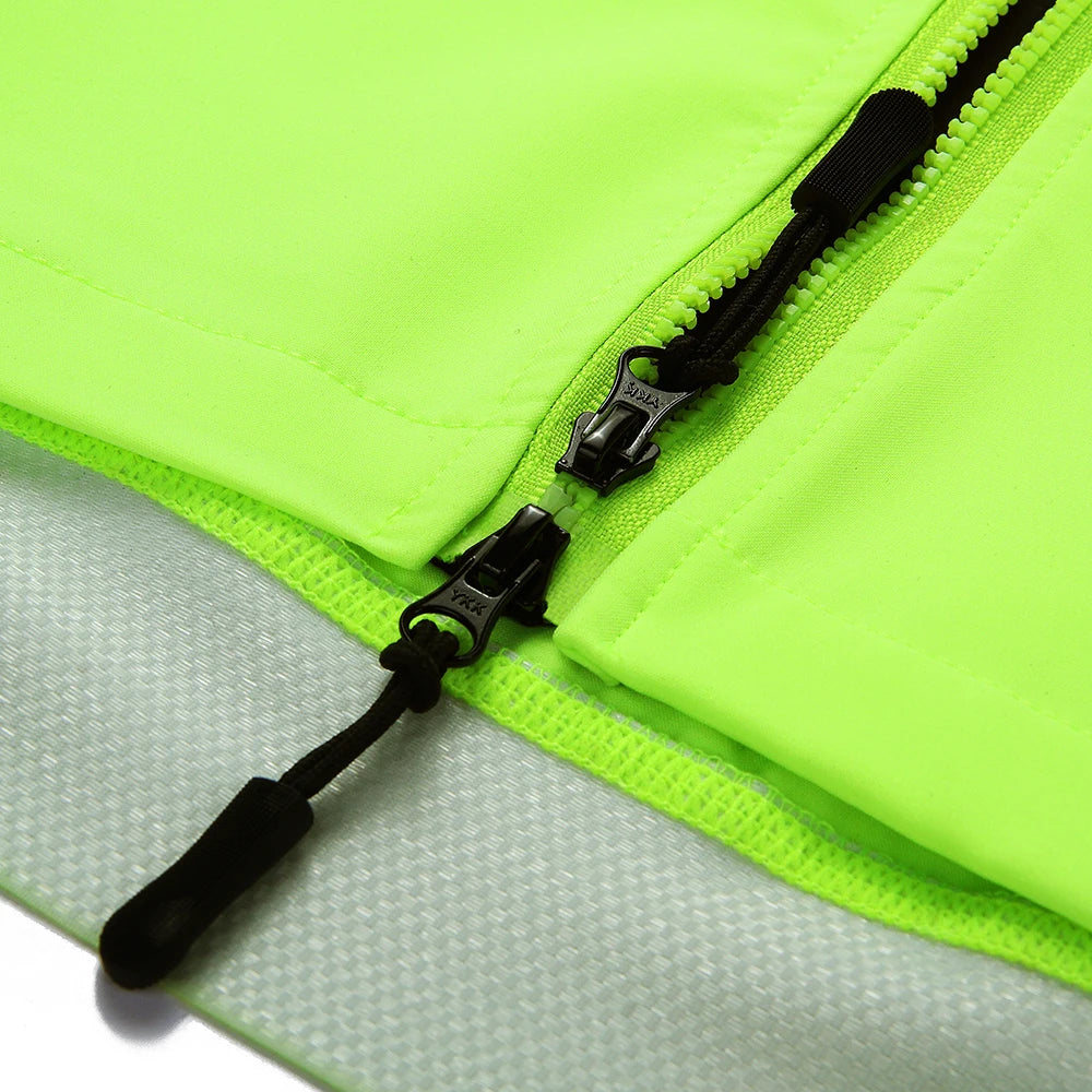 Close-up of neon green Women's Reflective Cycling Jackets zipper and reflective fabric detail