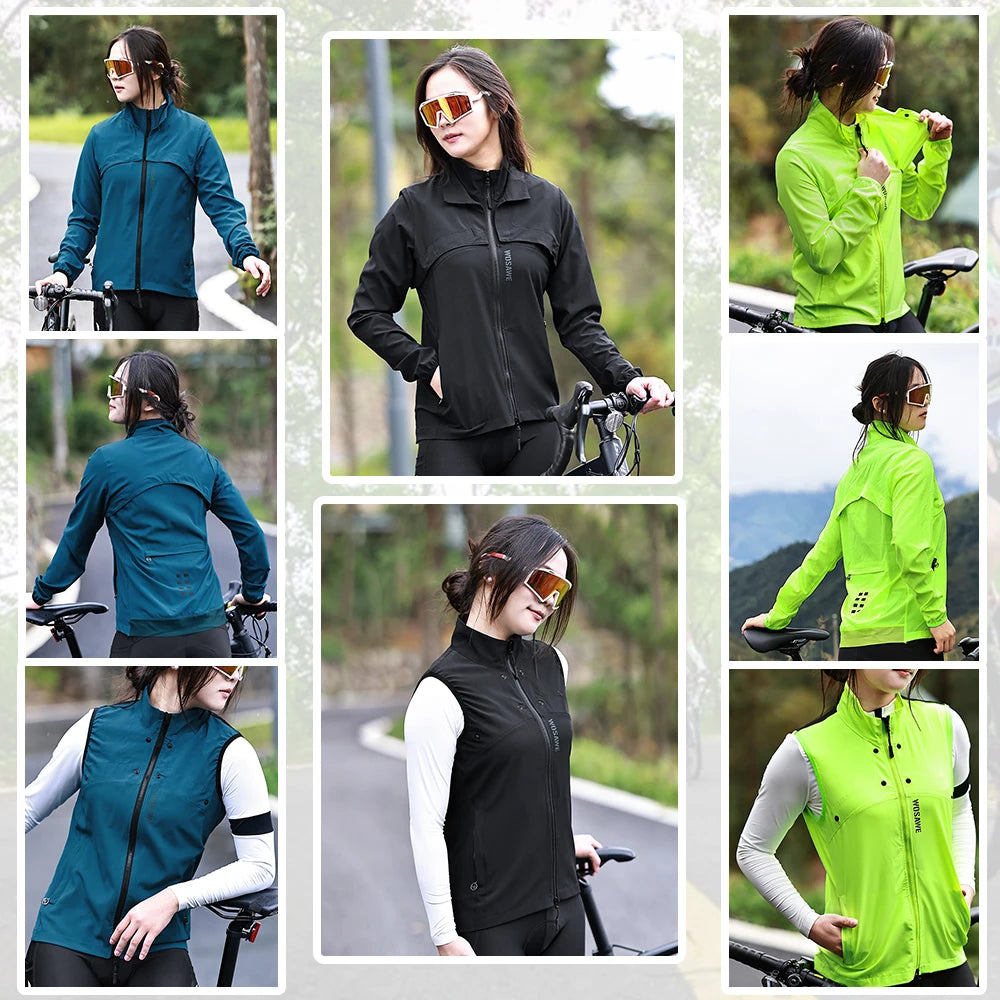 KiKis Women's Reflective Cycling Jackets in black, teal, and neon green for high visibility and comfort