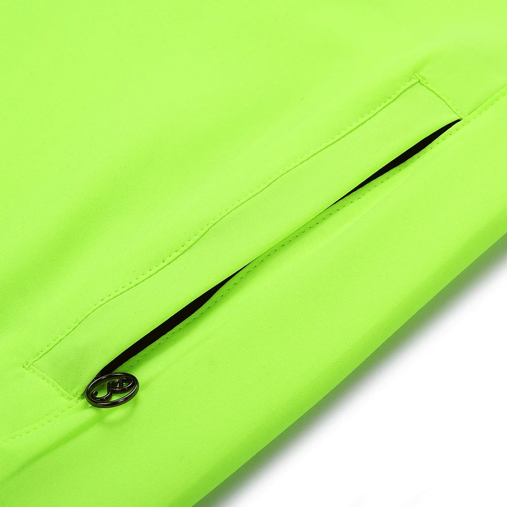 Close-up of neon green fabric pocket with zipper detail on Women's Reflective Cycling Jackets