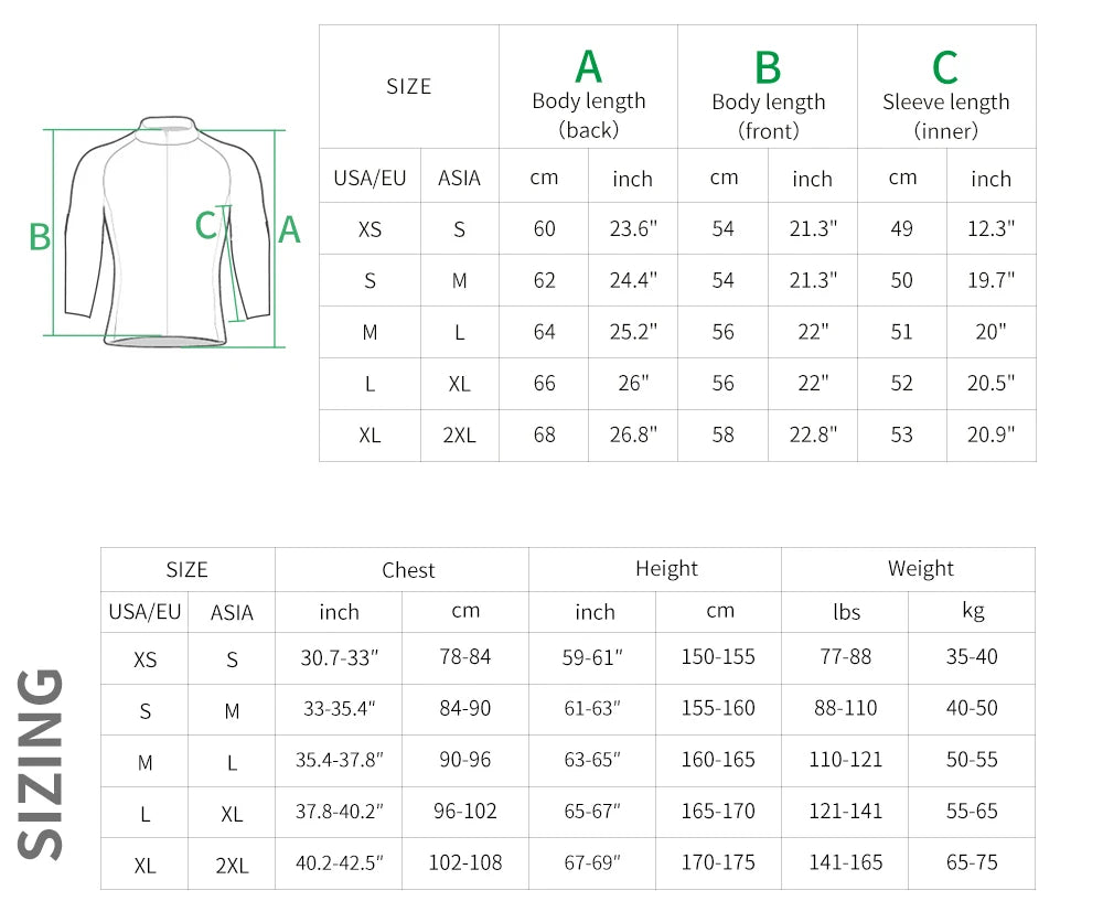 Sizing chart for KiKis Women's Reflective Cycling Jackets showing body length, sleeve length, chest, height, and weight measurements