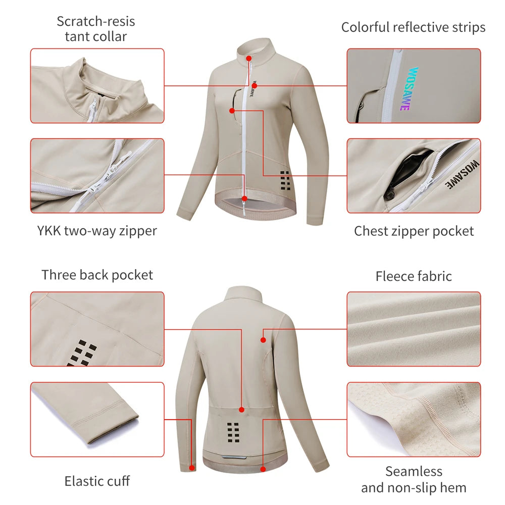 KiKis women's winter cycling jacket in beige with fleece fabric, colorful reflective strips, and multiple pockets