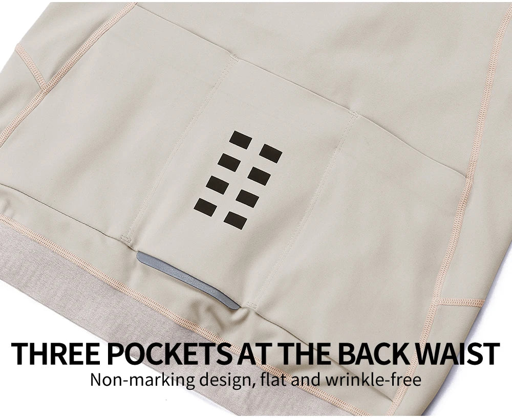 Close-up of women's winter cycling jacket back showing three pockets with flat wrinkle-free design