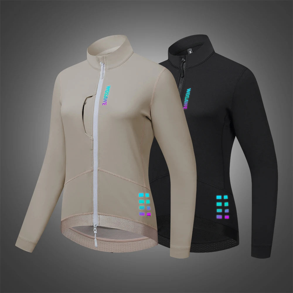 KiKis women's winter cycling jacket in beige and black with full zip and long sleeves
