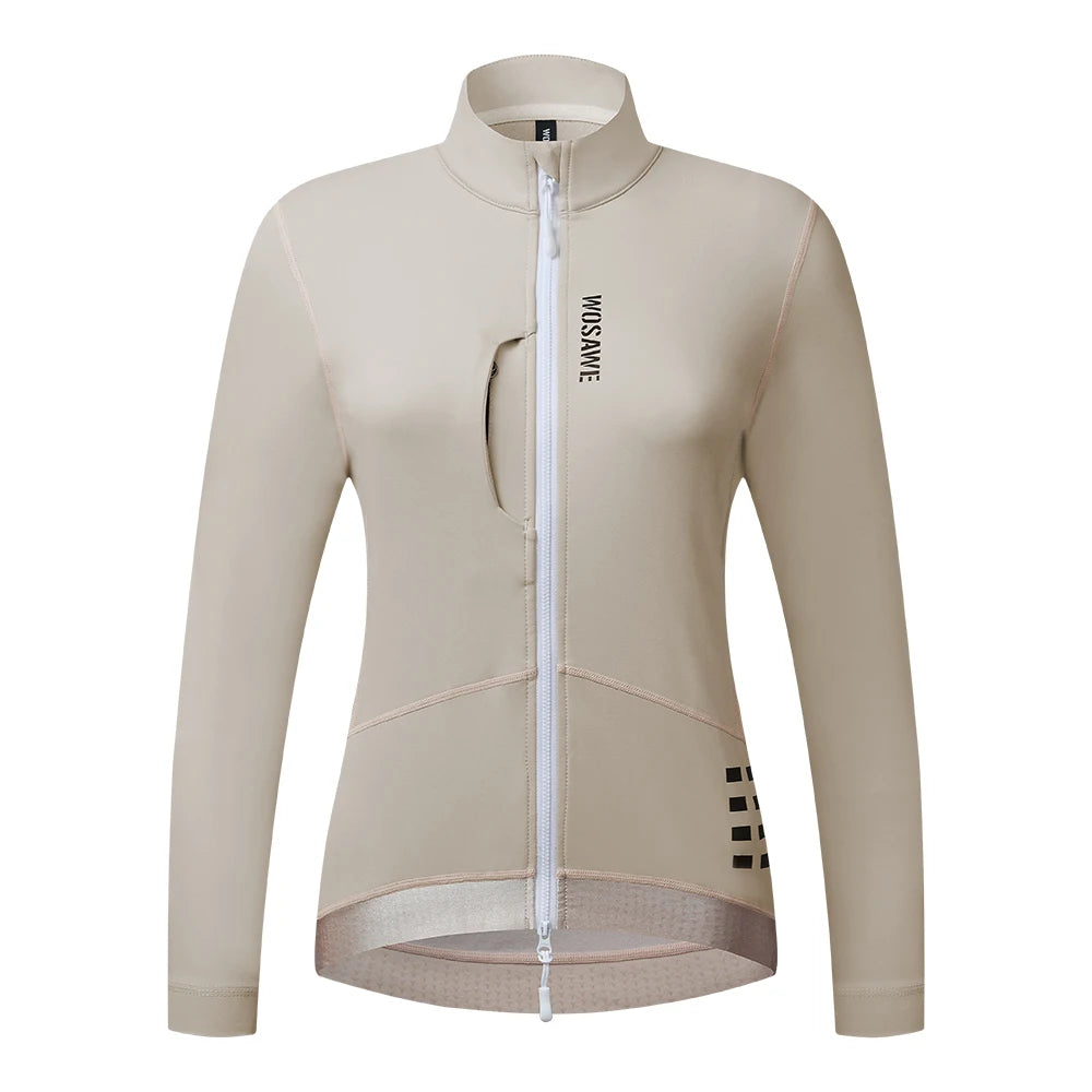 KiKis women's winter cycling jacket in beige with full front zipper and long sleeves