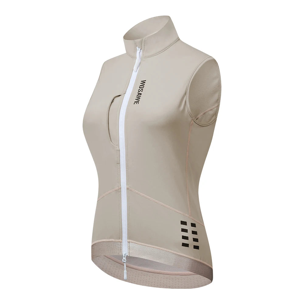 KiKis women's winter cycling jacket sleeveless beige with front zipper and reflective details
