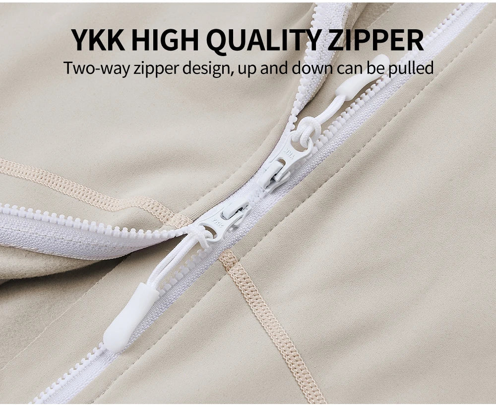 Close-up of high quality YKK two-way zipper on women's winter cycling jacket by KiKis in beige color