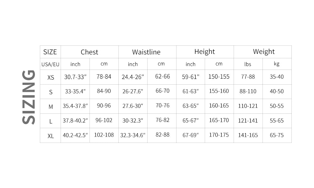 KiKis women's winter cycling jacket size chart with chest waistline height and weight measurements