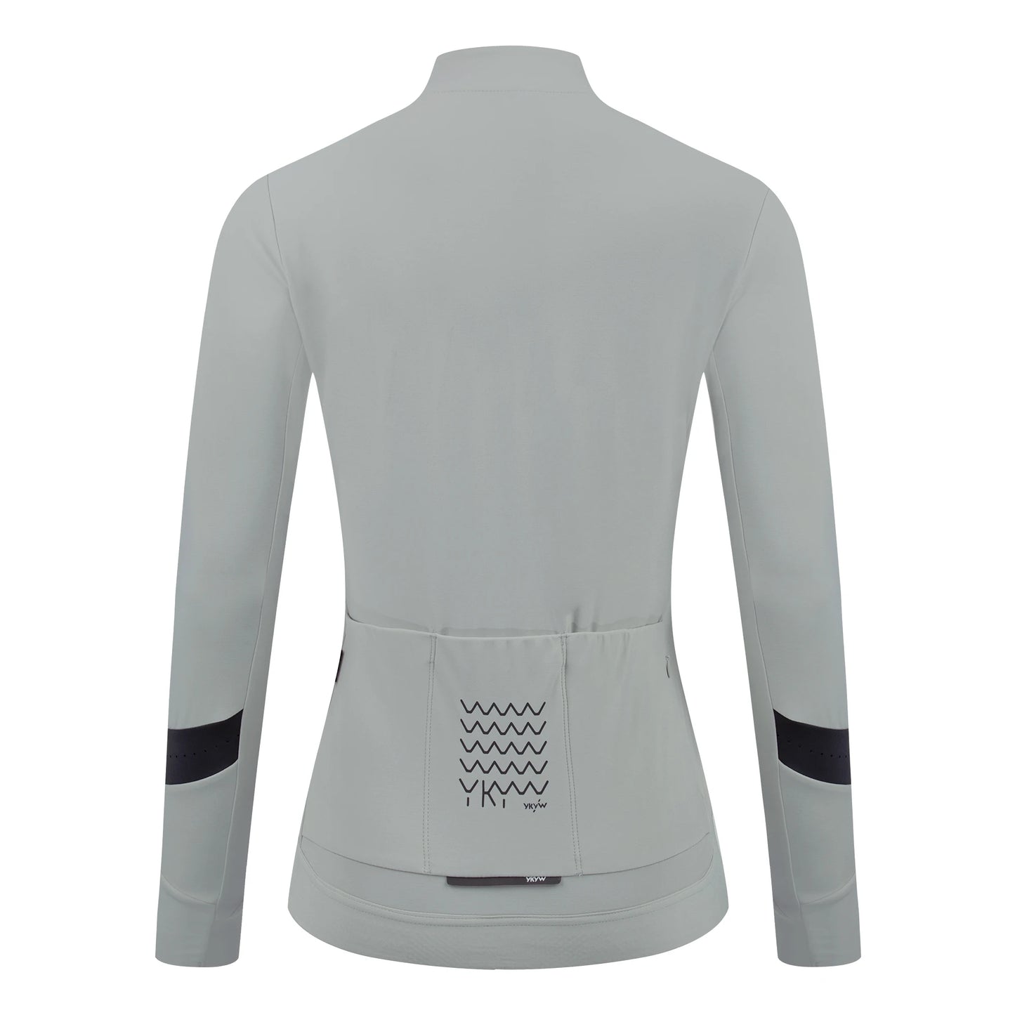 Back view of KiKis women's thermal cycling jacket in light gray with rear pockets and black elbow patches