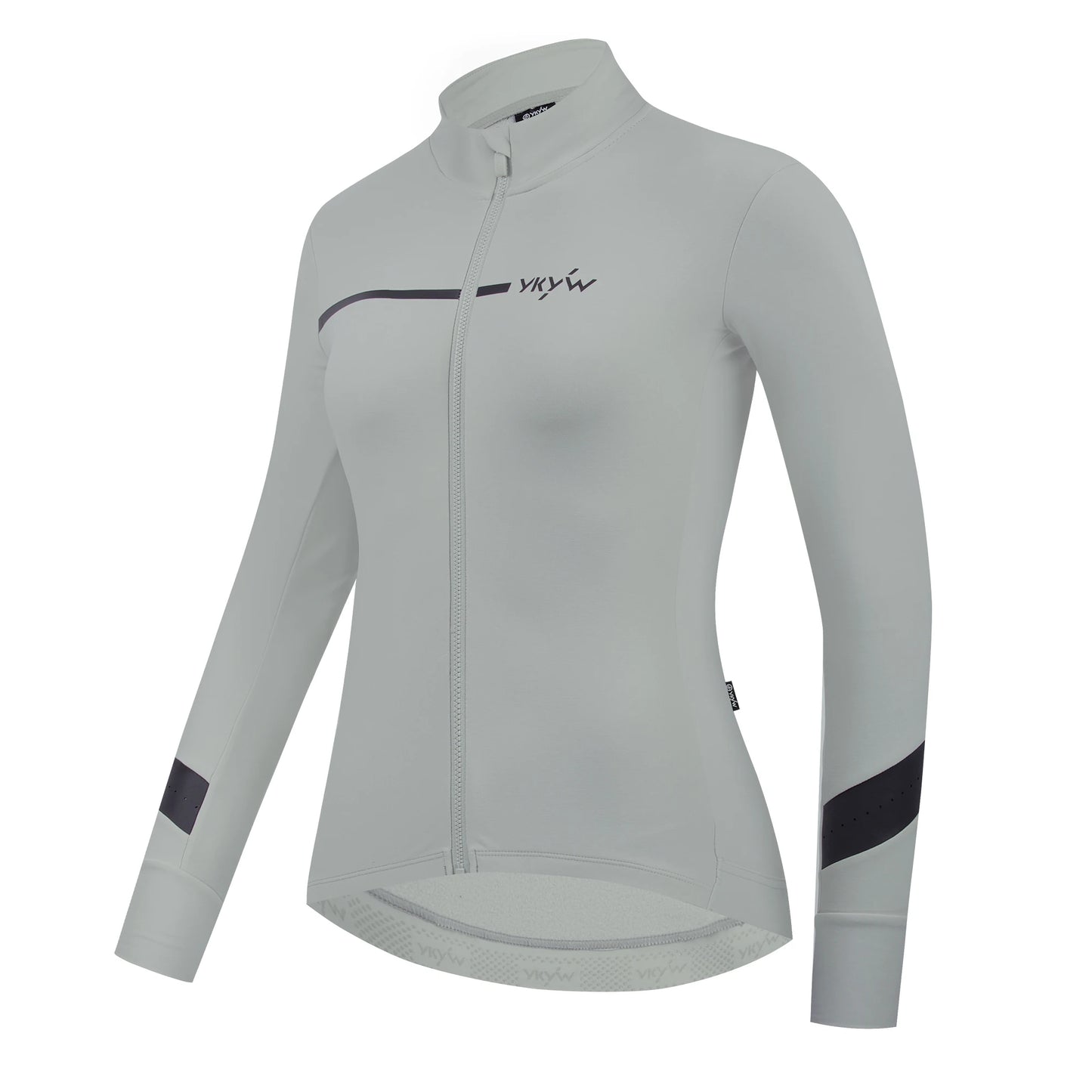 KiKis women's thermal cycling jacket in light gray with full front zipper and long sleeves