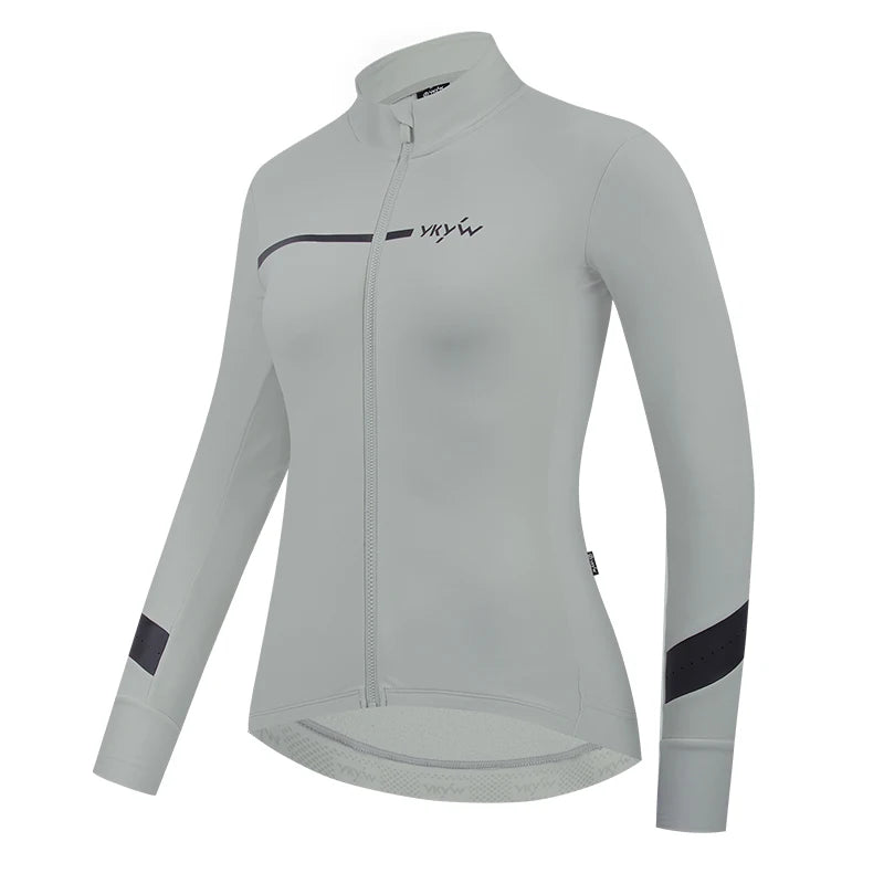 KiKis women's thermal cycling jacket in light gray with black accents and full front zipper