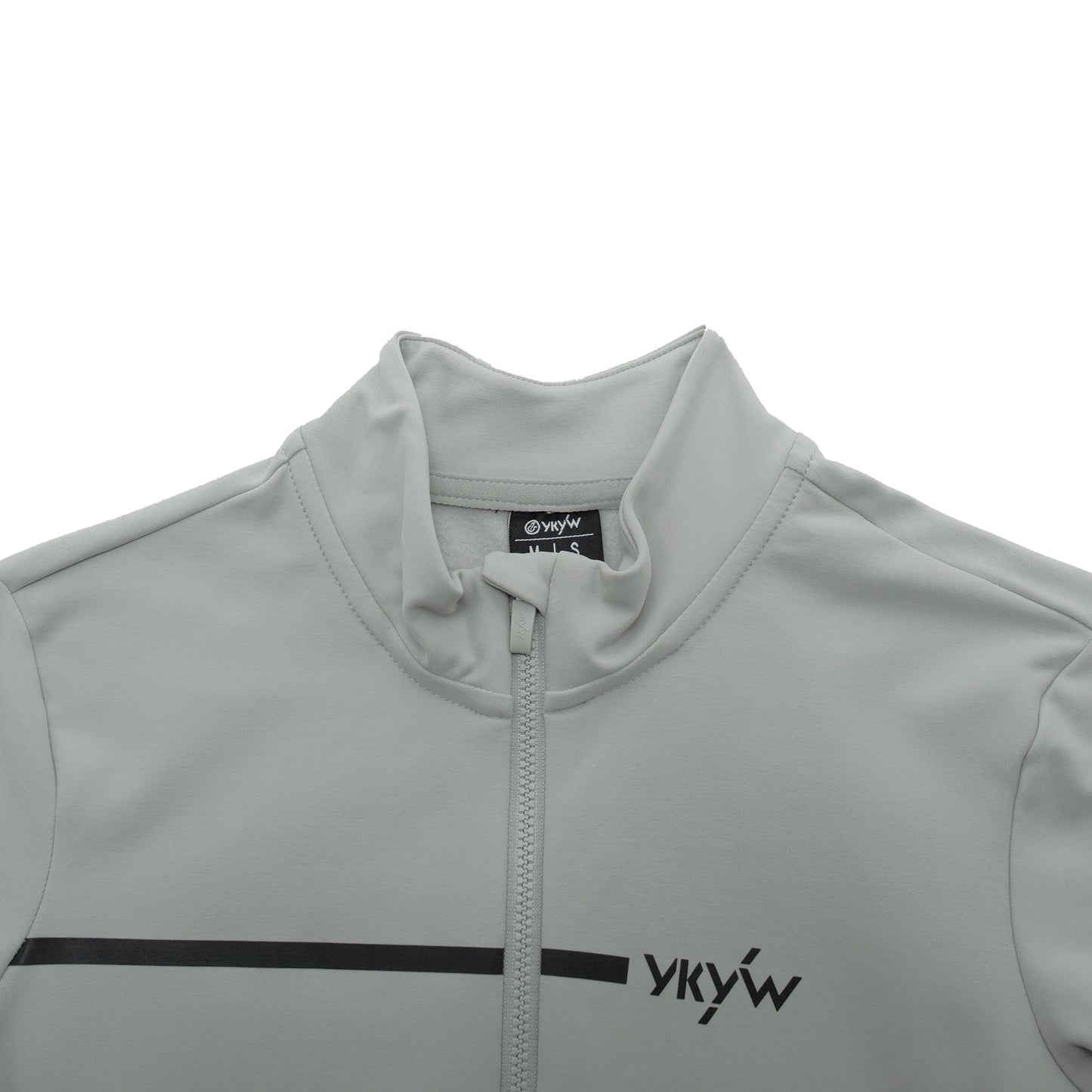 KiKis women's thermal cycling jacket in light gray with full front zipper and black logo detail
