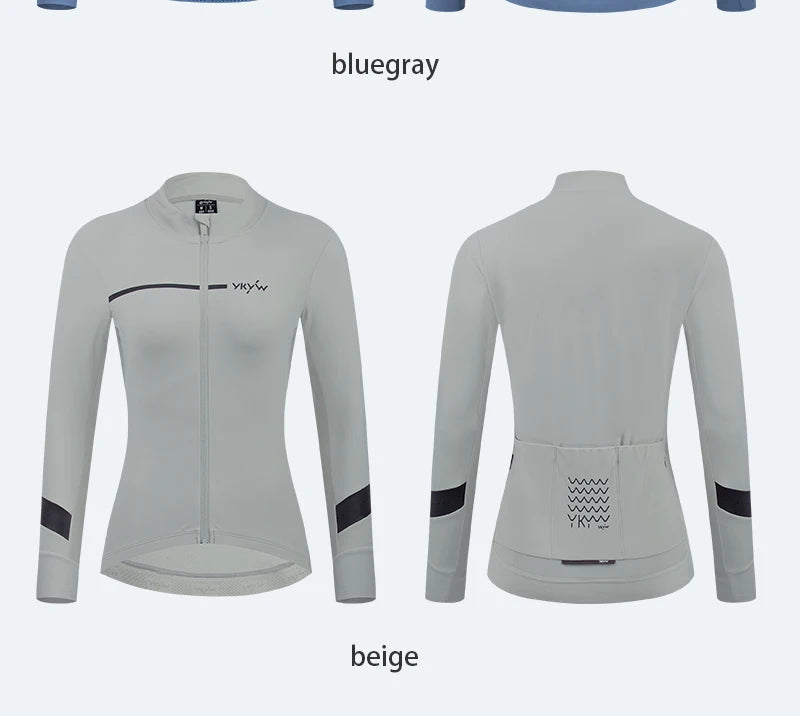 KiKis beige women's thermal cycling jacket with full front zipper and rear pockets