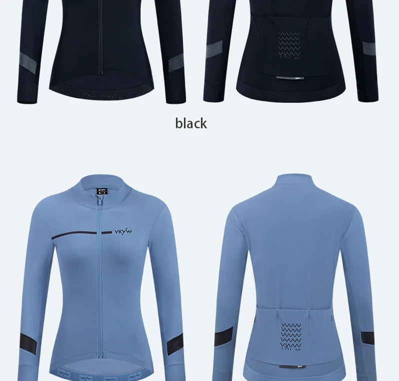 KiKis women's thermal cycling jacket in black and blue with long sleeves and back pockets