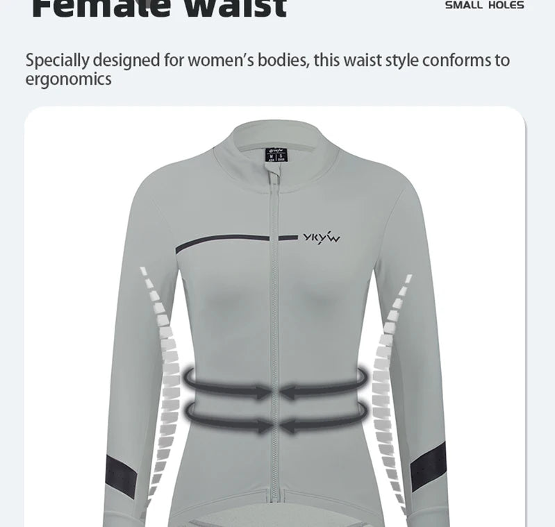 KiKis women's thermal cycling jacket in light gray with ergonomic female waist design and full front zipper