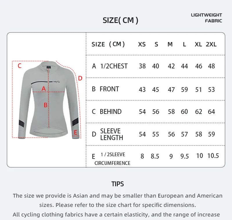 KiKis women's thermal cycling jacket size chart in centimeters with chest front behind and sleeve measurements