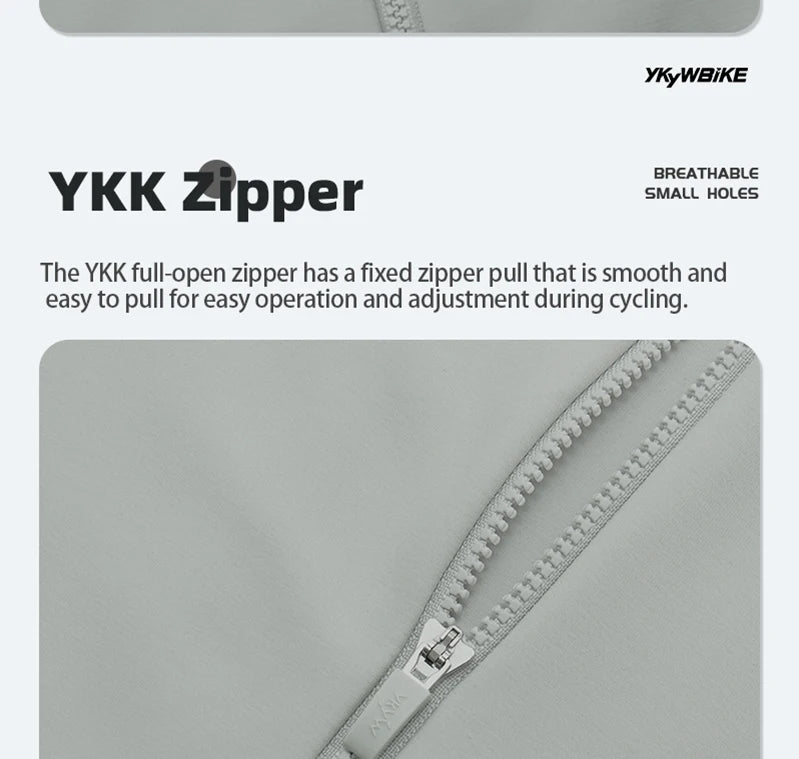 Close-up of YKK full-open zipper on women's thermal cycling jacket showing smooth pull and breathable material