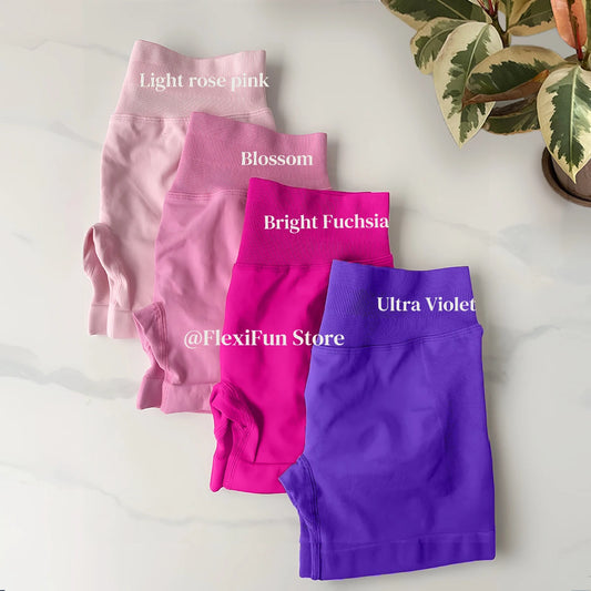KiKis high waist gym shorts for women in Light rose pink, Blossom, Bright Fuchsia, and Ultra Violet colors