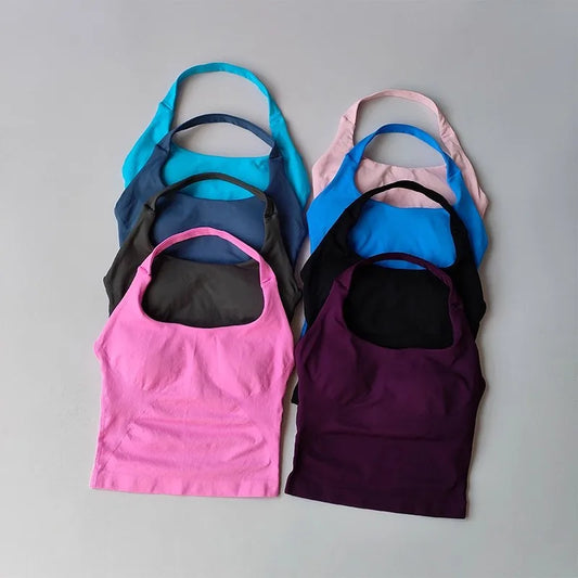 KiKis colorful halter neck sports bra for women in pink, purple, black, blue, and turquoise