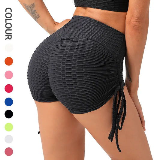KiKis black textured push up sport shorts women with adjustable side ties and high waist design
