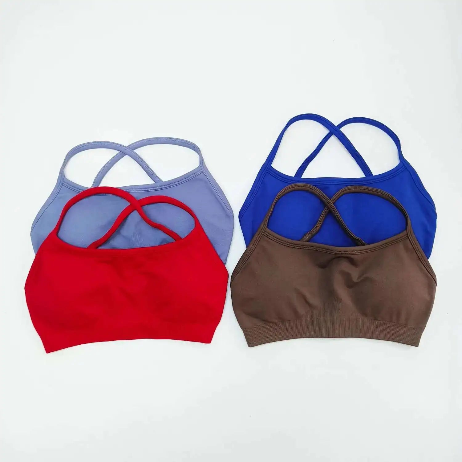 KiKis seamless sports bra for women in red blue brown and lavender with crisscross straps