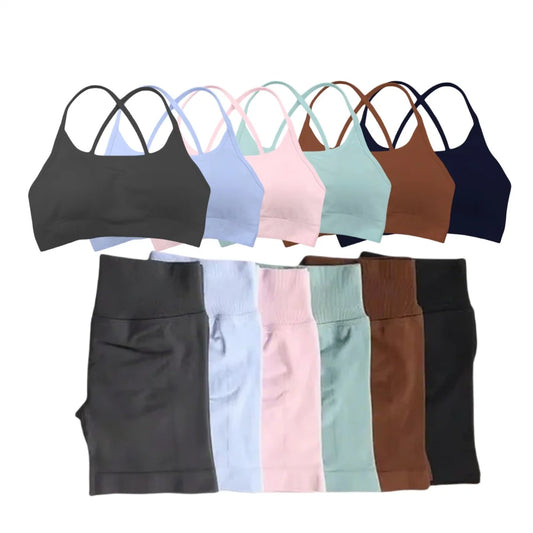 KiKis women's seamless gym set in multiple colors including black, blue, pink, green, brown, and navy